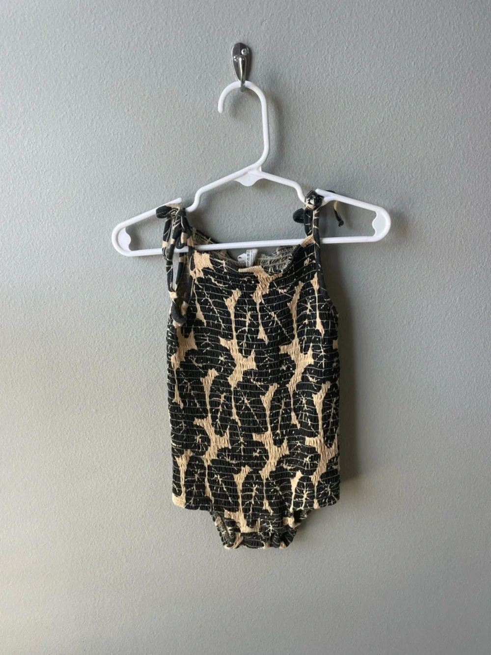 Kate Quinn Tan and Black Leaves Bamboo Bubble Romper with Spaghetti Straps